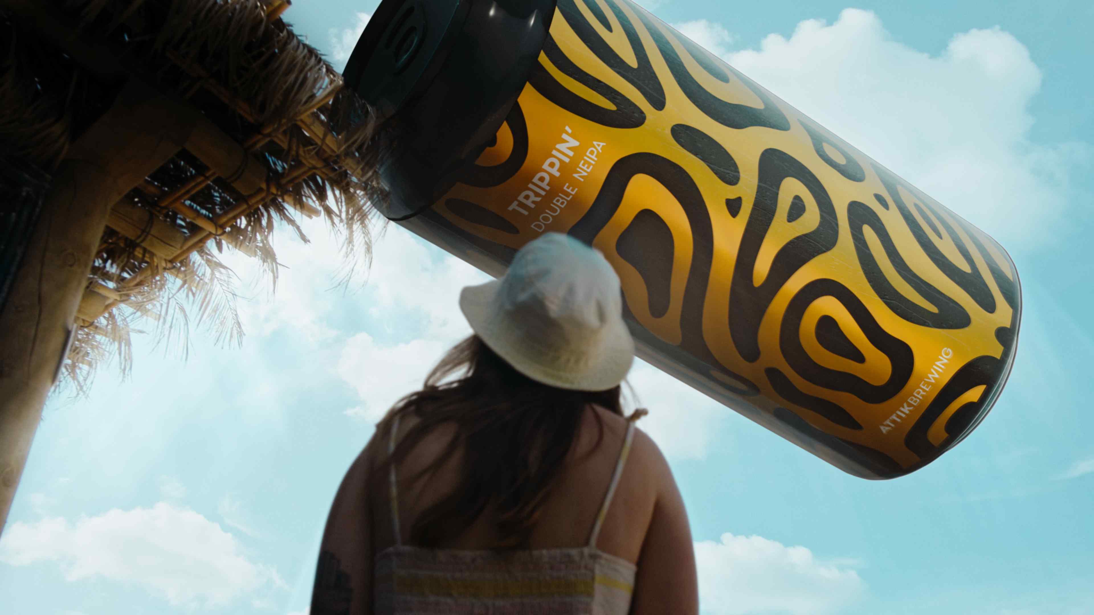 A Beer Can flying trough the sky while a women on the beach watches it